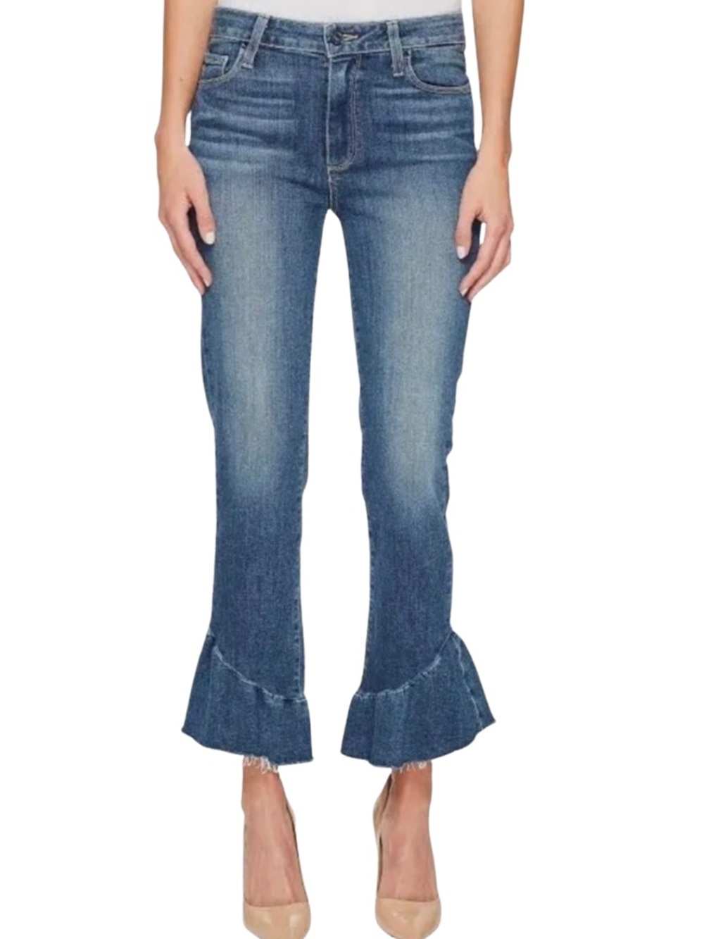 PAIGE Barkley Cropped Flare Ruffle Hem Jeans Medium Wash 30